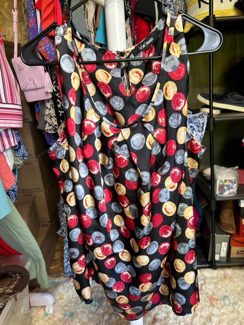 Le Suit Black Blouse with Red, Yellow & Gray Dot Print Size 3X